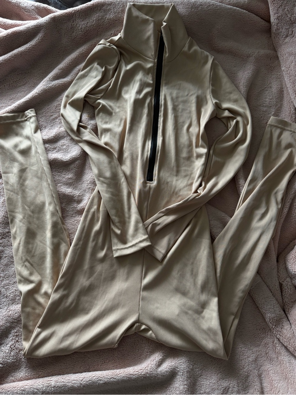 SHEIN Neutral Ribbed Beige Jumpsuit with Zip Trim